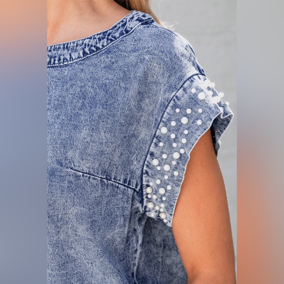 Dusk Blue Acid Wash Pearl
Embellishments O-neck Denim Top - Picture 7 of 16